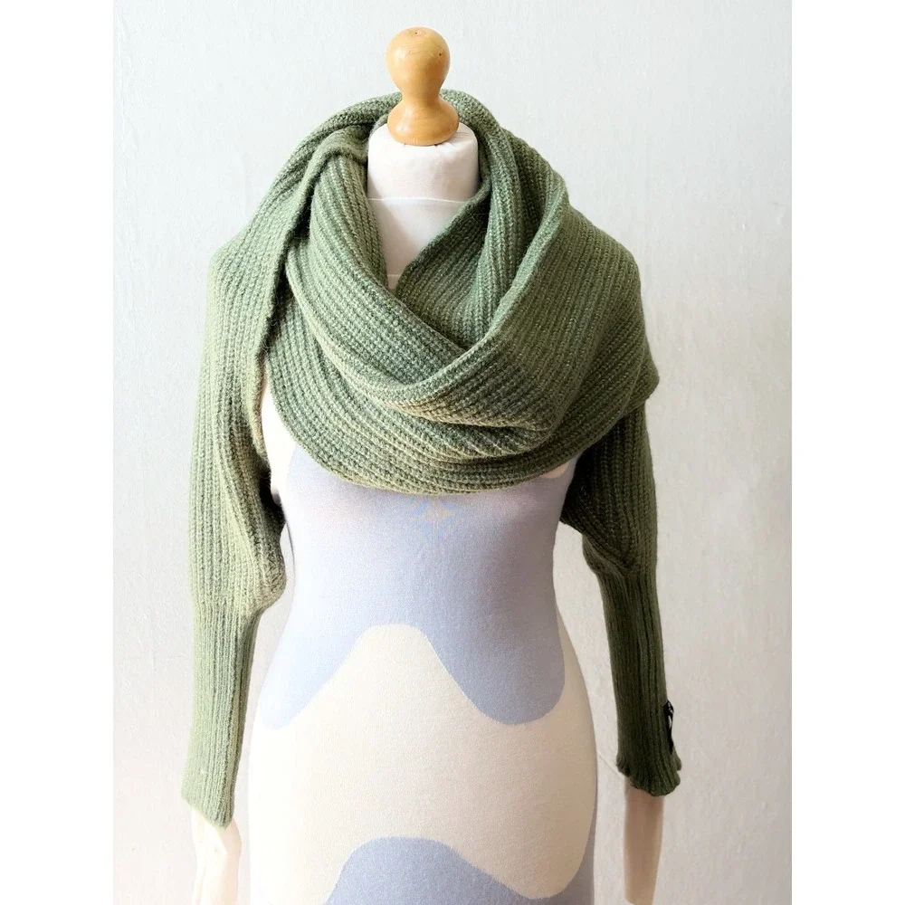 Freya Harper London Ribbed Knit Scarf With Sleeves Wrap Shawl Cardigan Green